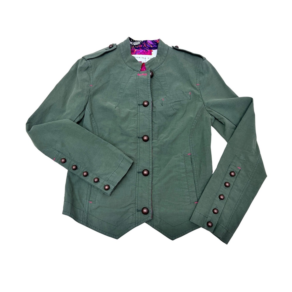 Trina Turk Military Jacket Womens‎ 6 Green Excellent Floral Trim Button Front